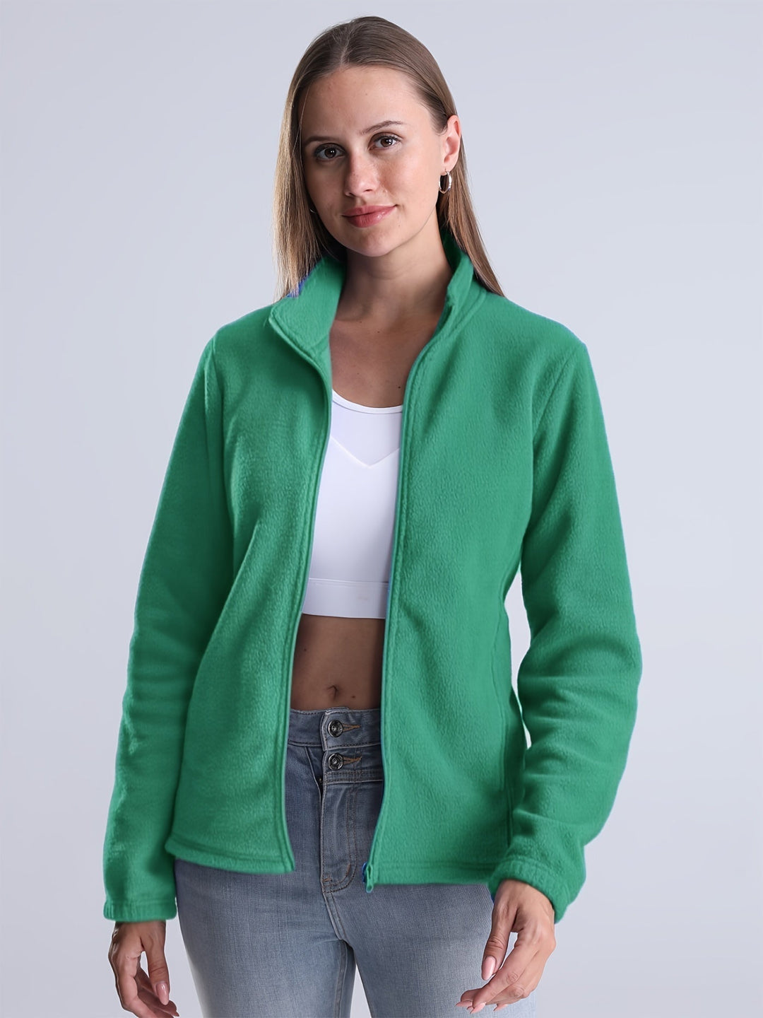 Shopnory | Unifarbene Fleece-Jacke mit Reißverschluss und Taschen