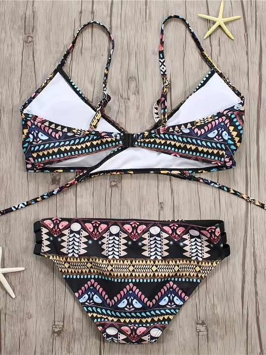 Boho Bikini Set Zwei Teile mit Hoher Taille und Tribal-Muster, Ohne Träger