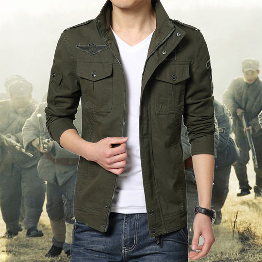 Herren Militärinspirierte Canvas-Fieldjacke mit Mehrfach-Taschen und Stehkragen Shop Nory