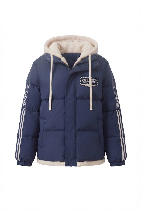 Damen trendige gesteppte Kapuzenjacke mit hochwertiger Teddy-Innenkonstruktion und sportlichen gestreiften Ärmeln