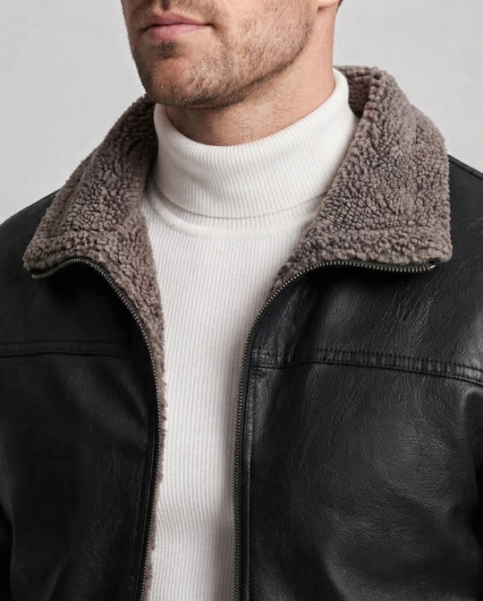 Herrenjacke aus synthetischem Leder mit durchgehendem Teddy-Fleece-Futter und hohem Stehkragen Shop Nory