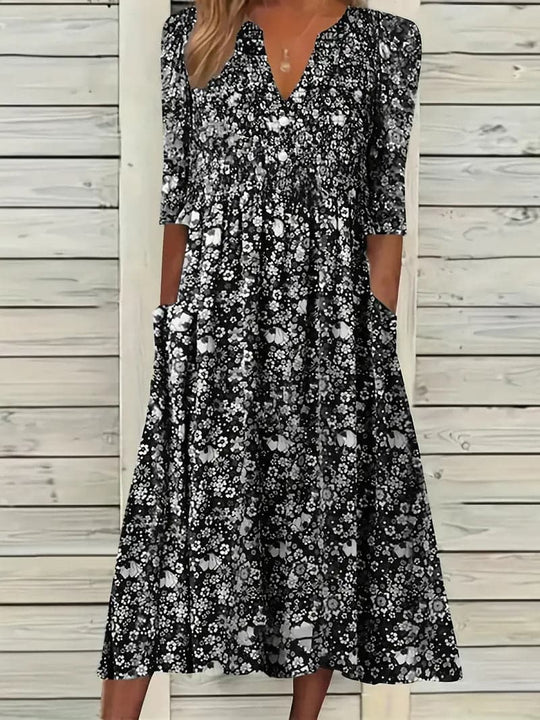 Midikleid A-Linie Passform V-Ausschnitt 3/4 Ärmel Blumenmuster