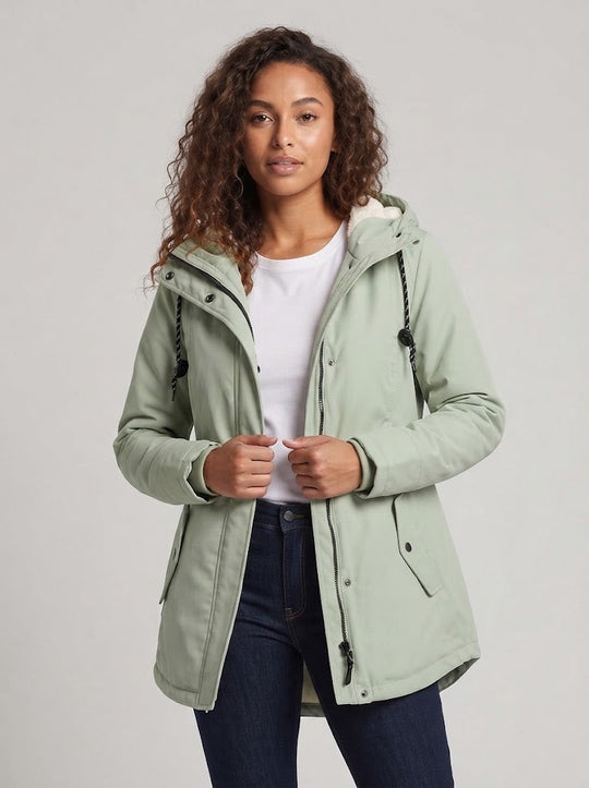 Damen Gefütterte Kapuzenparka mit Teddyfutter, Kordelzug und Pattentaschen Shop Nory