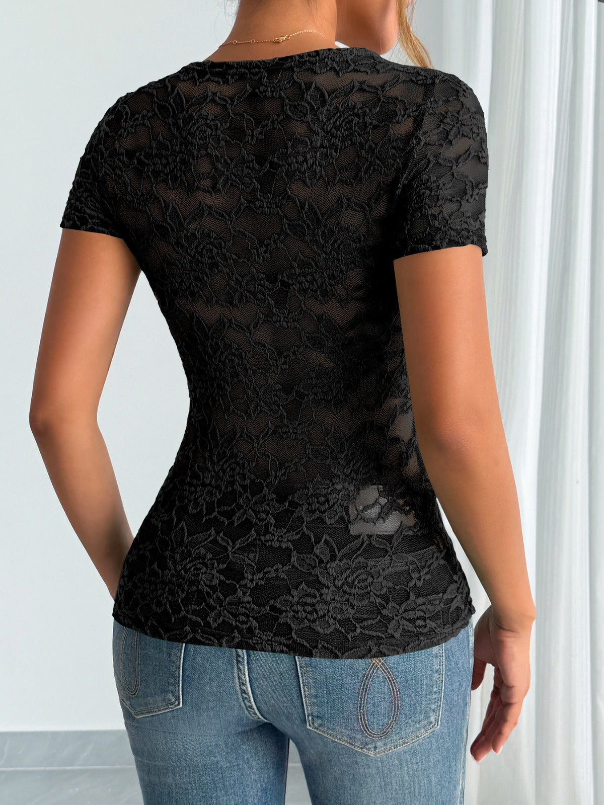 Damen Einfarbig Sexy Spitze V-Ausschnitt Kurzarm