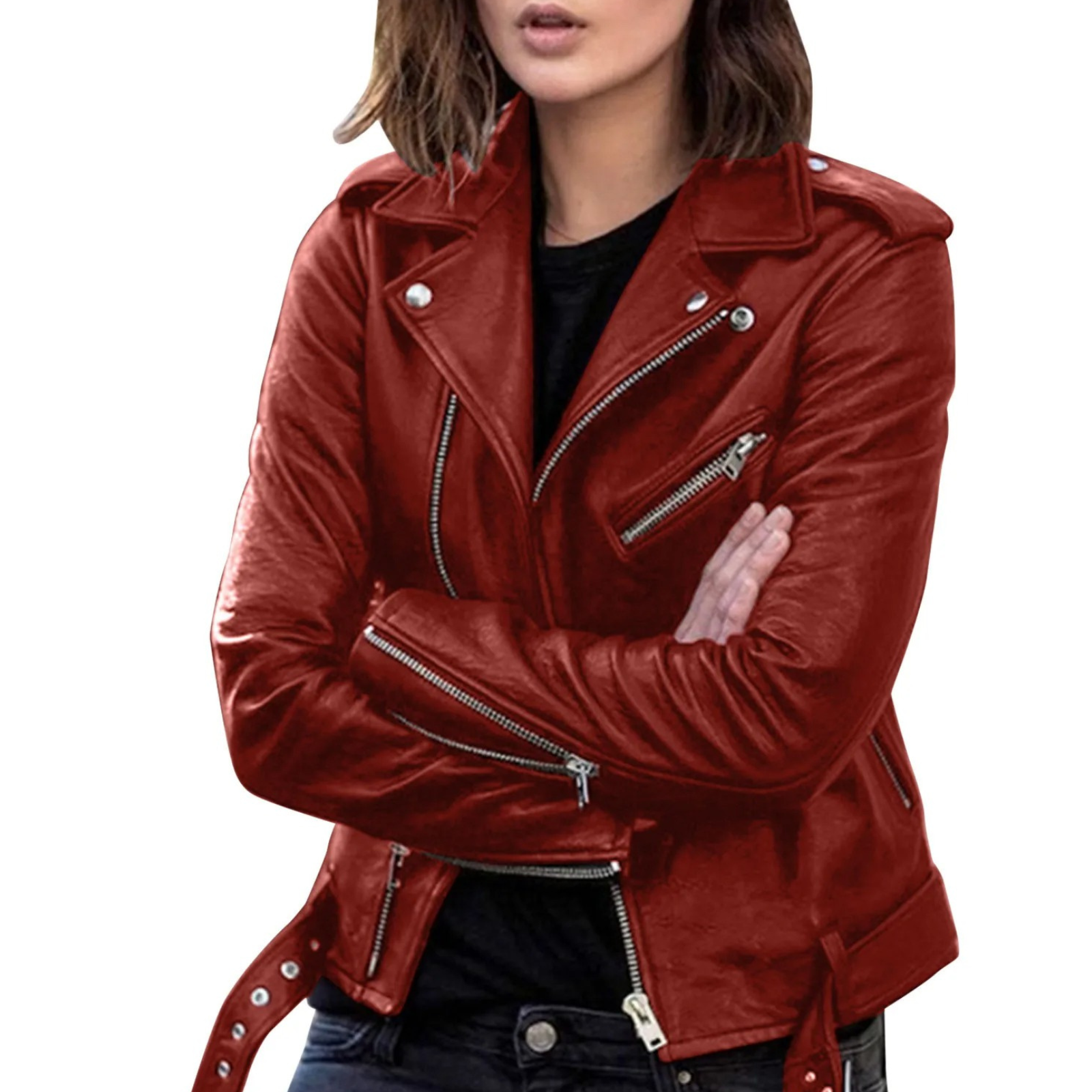 jacke Damen Biker Modell mit Gürtel und Reißverschlussdetails