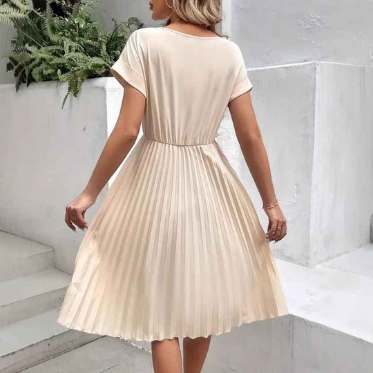 Einfarbig Plissierter Kurzarmkleid