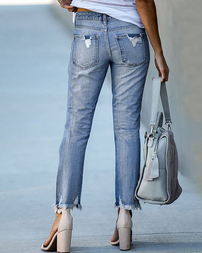 Damen Schicke Zerfledderte Jeans Denim