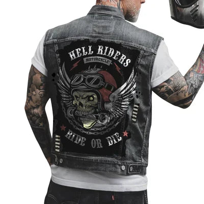 Herren Motorrad-Denimweste mit Motorrad- und Skelettdruck