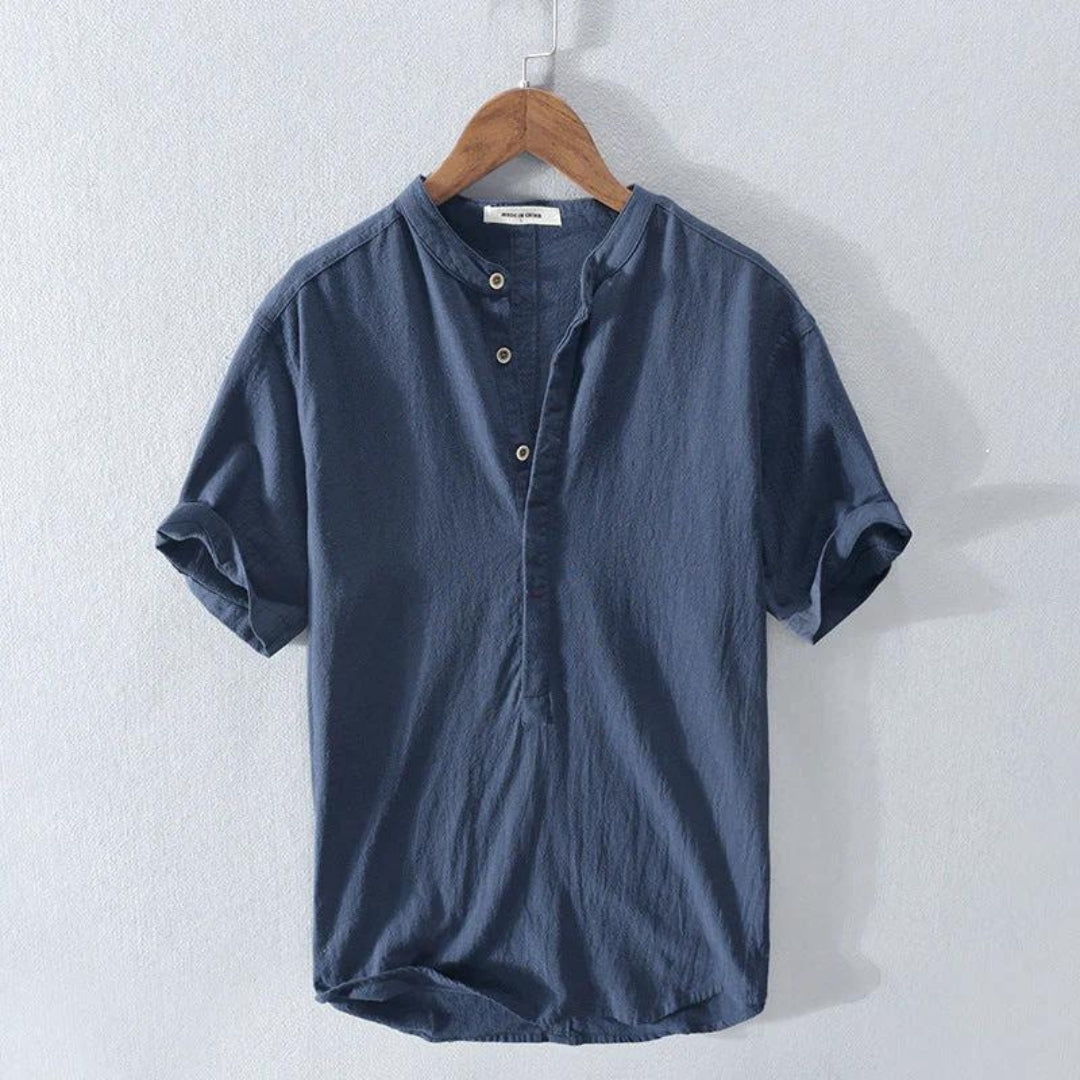 Herren Kurzarmhemd mit Henley-Kragen in Uni-Design