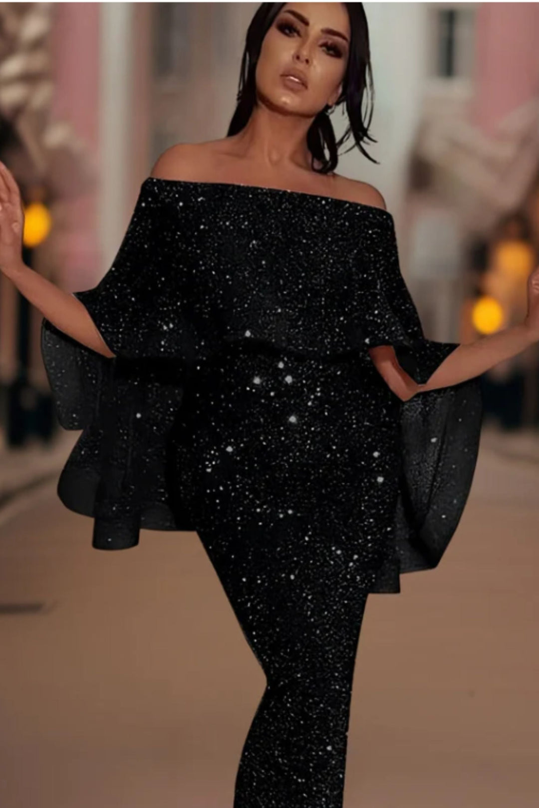 Off-Shoulder Glitzer Maxi Kleid