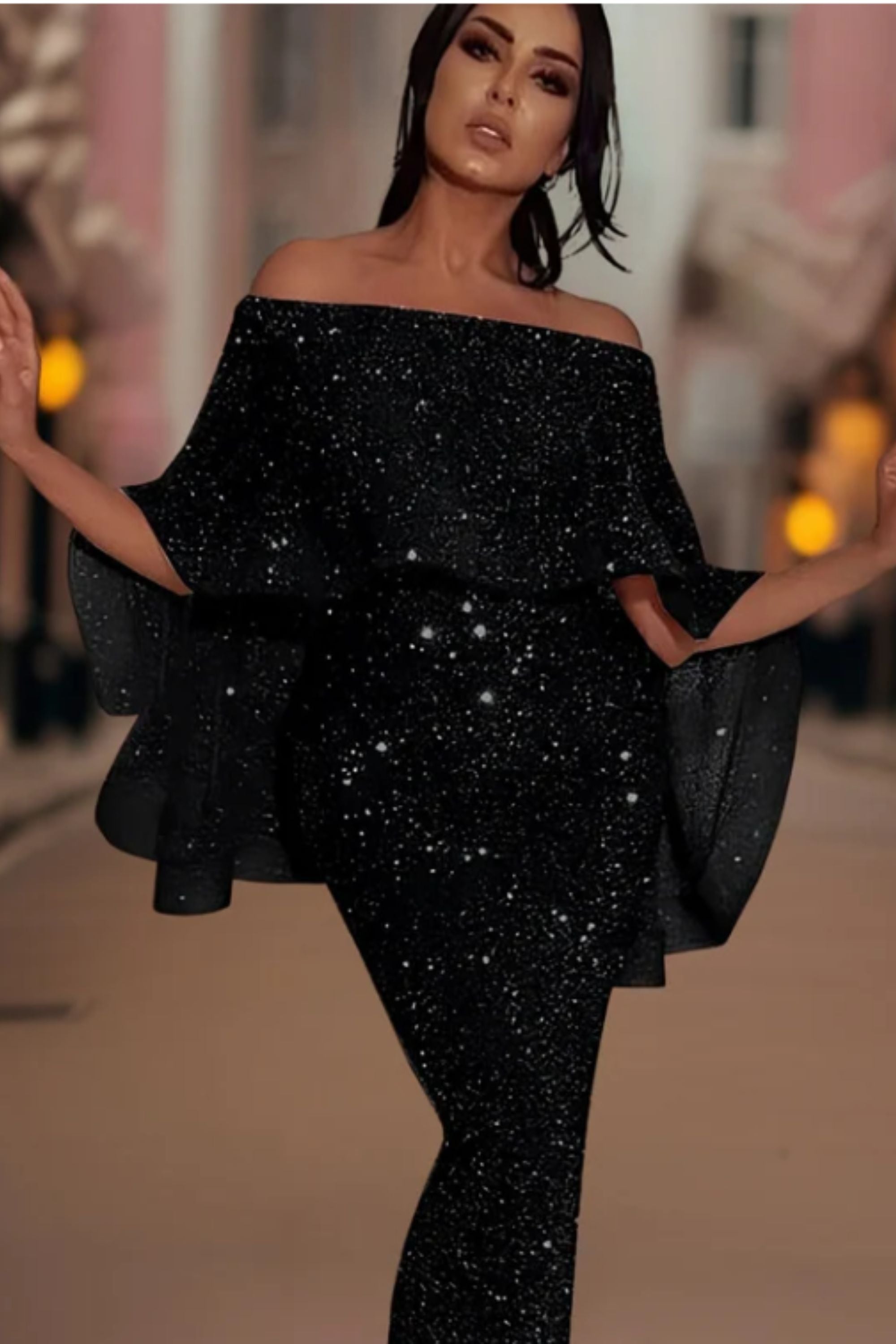 Off-Shoulder Glitzer Maxi Kleid