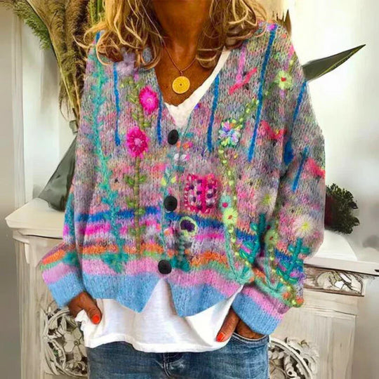 Damen Knopf Blumen Cardigan aus Daunen Warm