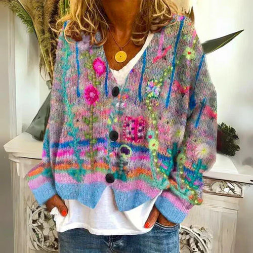 Damen Knopf Blumen Cardigan aus Daunen Warm