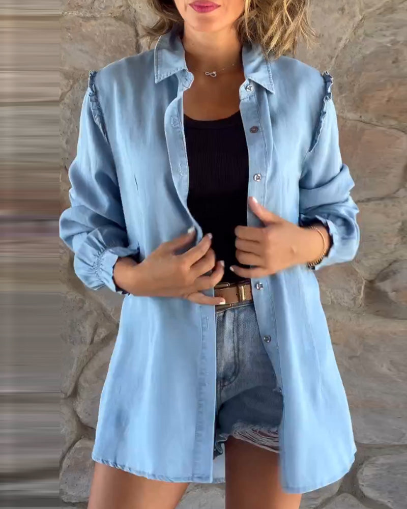 Shopnory | Lässige Lange Denim Hemd Baumwolle Komfortabel und Entspannt
