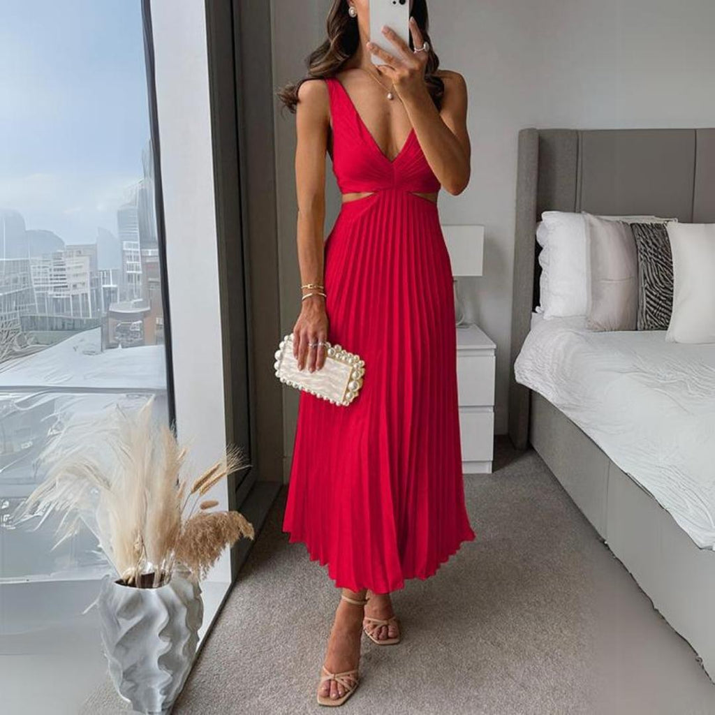 ShopNory | Midi Kleid Ärmellos V-Ausschnitt Twist Front & Cut Out Detail Plissierter Rock