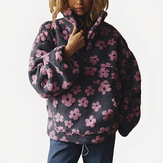 Damen-Sherpa-Pullover mit stilvollem Blumenmuster