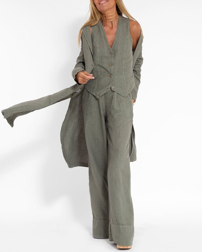 Elegantes 2-Teiliges Set Leinen Weite Hose & Weste