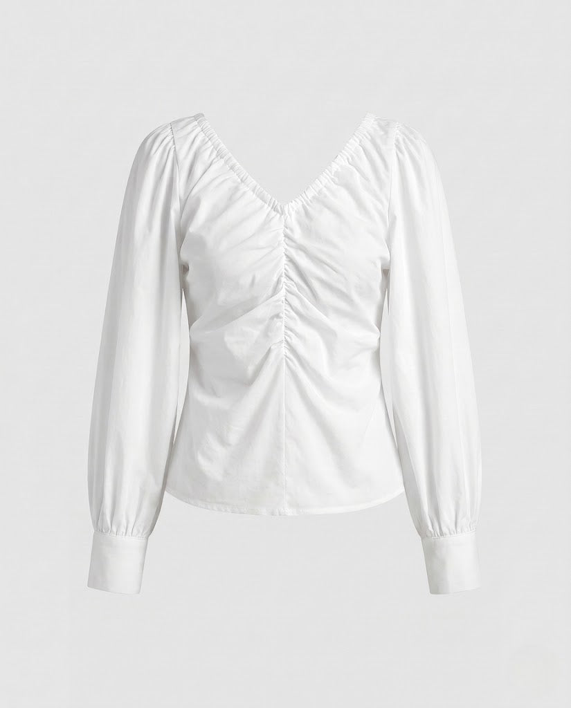 Damen Gerüschtes V‑Ausschnitt Puffärmel-Blusenshirt mit taillierter Raffung Shop Nory