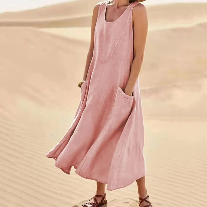 Leinen-Baumwoll-Ärmelloses Kleid für Frauen