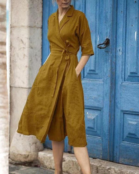Baumwoll-Leinen Gürtelkragen Kleid
