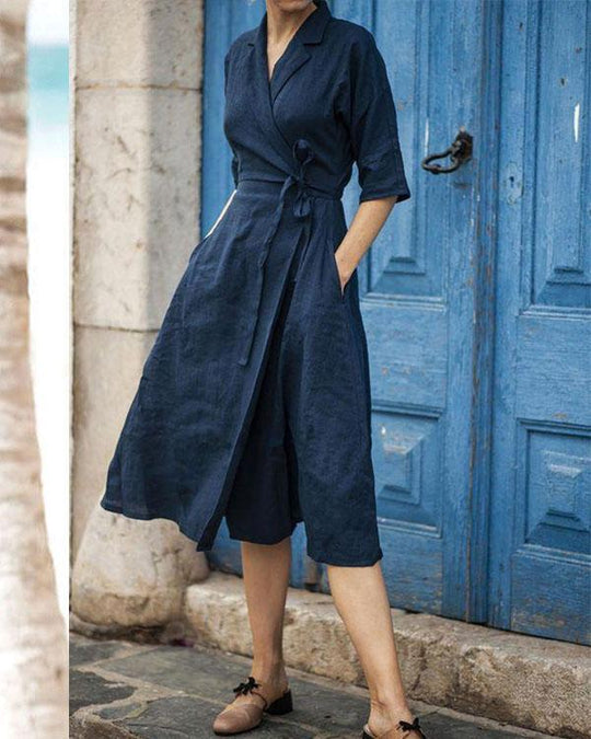 Baumwoll-Leinen Gürtelkragen Kleid