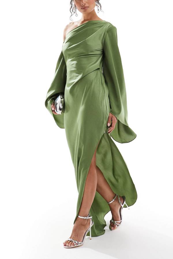 Zayla Satin Asymmetrisches Ein Schulter Glockenärmel Schlitz Maxi Kleid