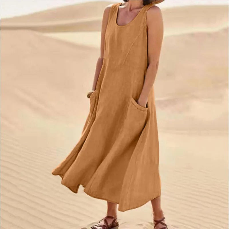 Leinen-Baumwoll-Ärmelloses Kleid für Frauen