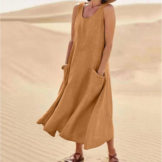 Leinen-Baumwoll-Ärmelloses Kleid für Frauen