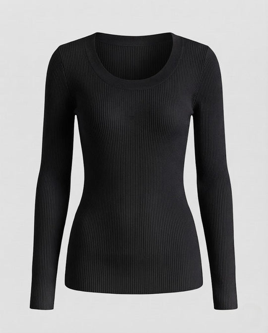 Damen Feiner Rippstrick-Longsleeve mit breitem Rundhalsausschnitt und taillierter Silhouette Shop Nory