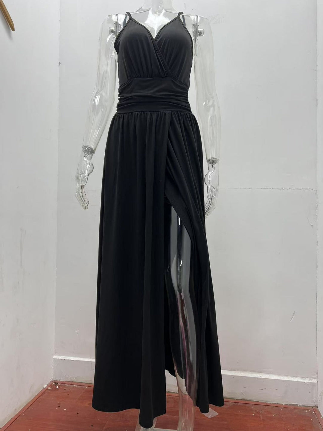 V-Ausschnitt Hosenträger ärmellos sexy rückenfreies farblich passendes Kleid