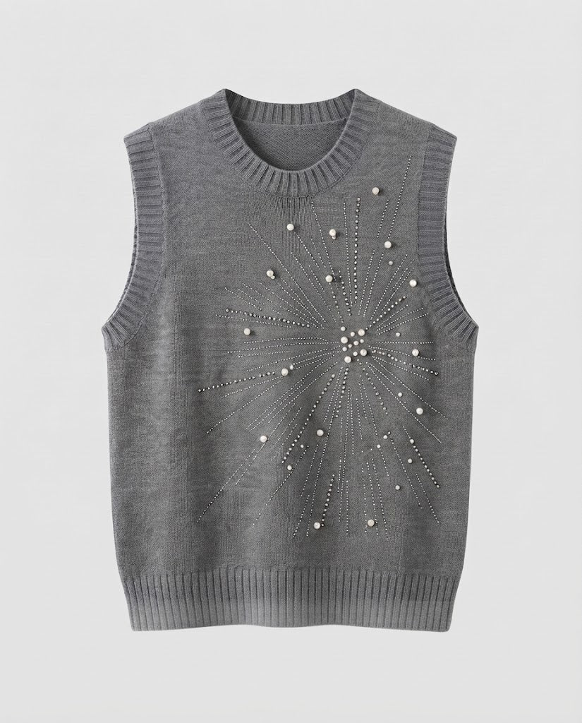 Damen Ärmellose Feinstrickweste mit Perlen- und Strass-Sonnenmotiv Shop Nory