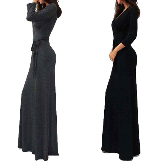 Damen Wickel‑Maxikleid mit Taillenschärpe, figurbetonter Silhouette & 3/4‑Ärmeln Shop Nory