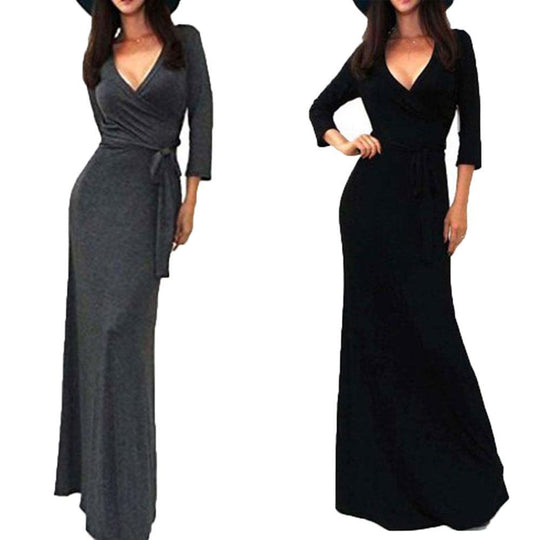 Damen Wickel‑Maxikleid mit Taillenschärpe, figurbetonter Silhouette & 3/4‑Ärmeln Shop Nory