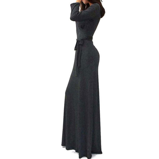 Damen Wickel‑Maxikleid mit Taillenschärpe, figurbetonter Silhouette & 3/4‑Ärmeln Shop Nory
