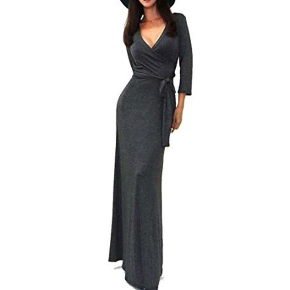 Damen Wickel‑Maxikleid mit Taillenschärpe, figurbetonter Silhouette & 3/4‑Ärmeln Shop Nory