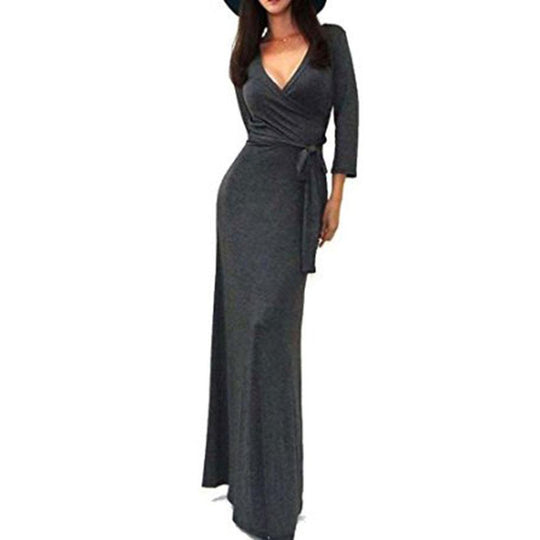 Damen Wickel‑Maxikleid mit Taillenschärpe, figurbetonter Silhouette & 3/4‑Ärmeln Shop Nory