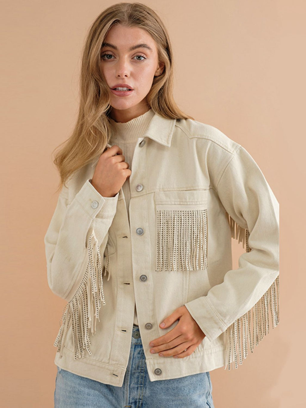 Fransen-Detail Gefallene Schulter Denimjacke