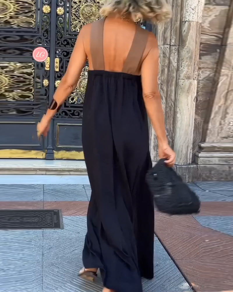 Kreuzförmig Rückenfreies Elegantes Kleid mit Kontrastfarbe