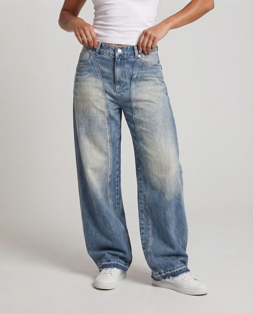 Unisex Weite Denim-Palazzo-Jeans mit tiefem Schritt und vertikalen Nahtpaneelen Shop Nory