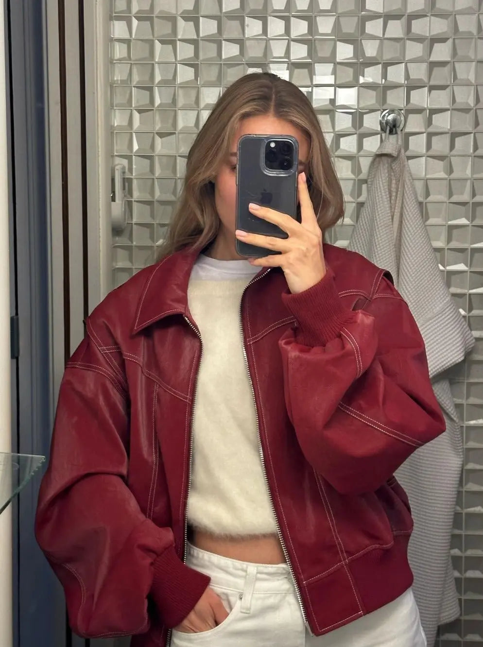 Burgundisch Zip up Jacke in Übergröße mit Kontrastnähten
