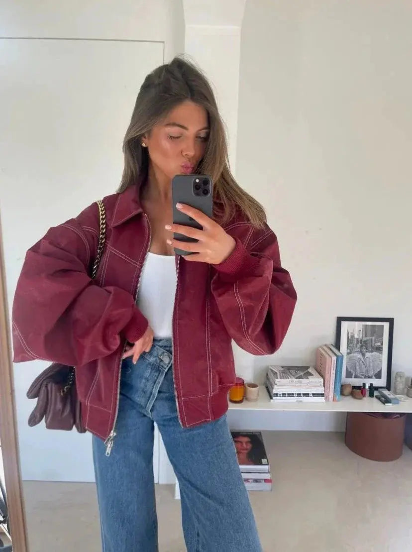 Burgundisch Zip up Jacke in Übergröße mit Kontrastnähten