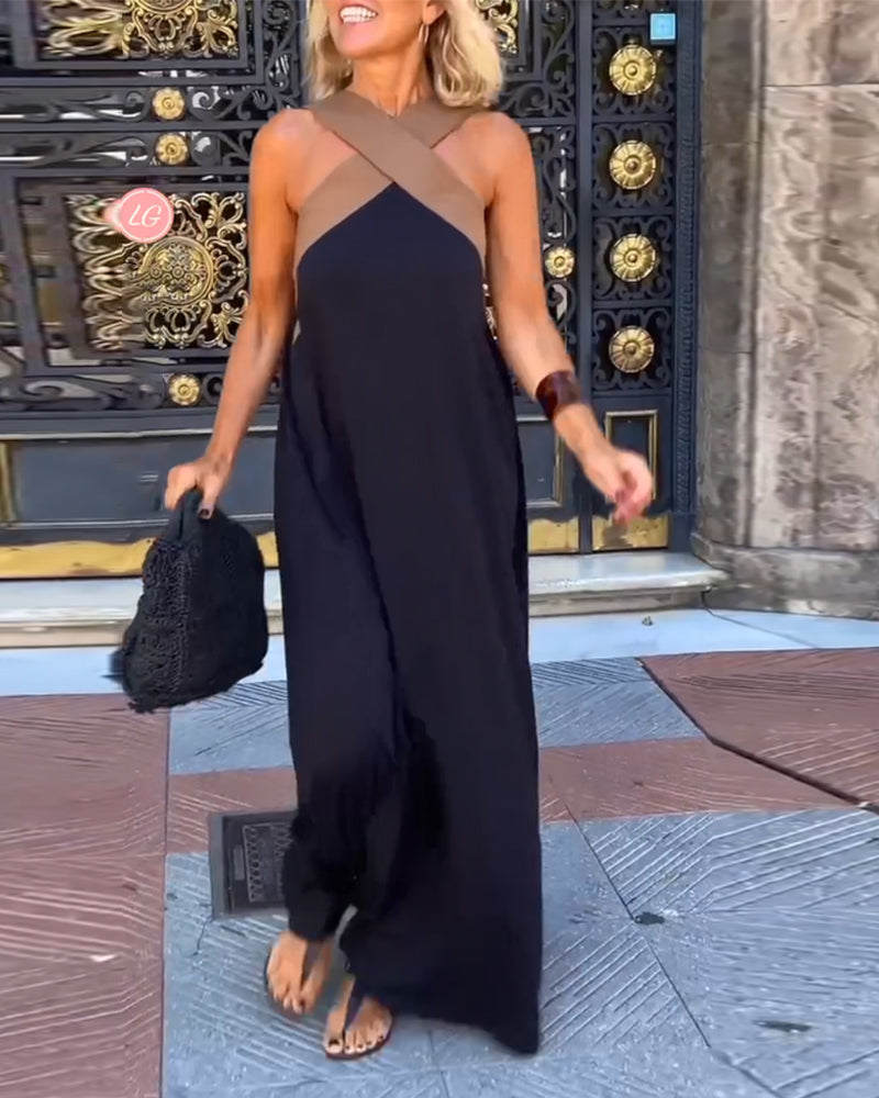 Kreuzförmig Rückenfreies Elegantes Kleid mit Kontrastfarbe
