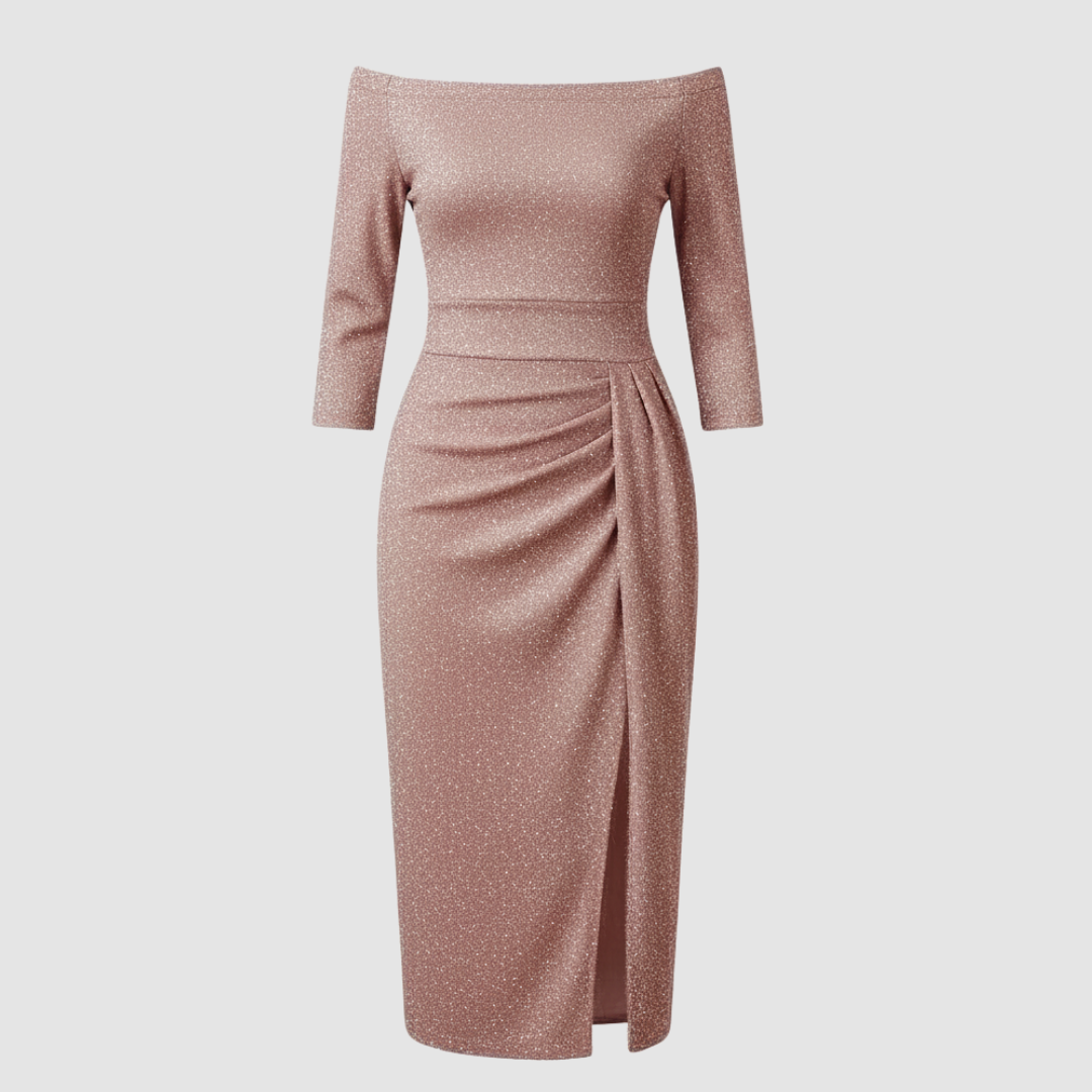 Elegantes Hochzeitsgast Kleid Off Shoulder Lang Satin | Shop Nory