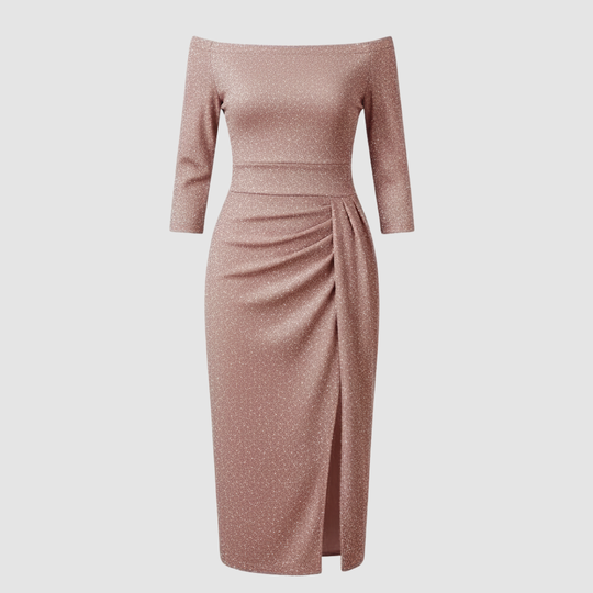 Elegantes Hochzeitsgast Kleid Off Shoulder Lang Satin | Shop Nory