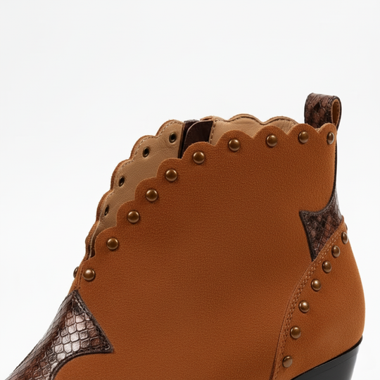 Western Stiefeletten mit Schlangenleder Akzent Bestickter Gewellter Besatz Niedriger Blockabsatz
