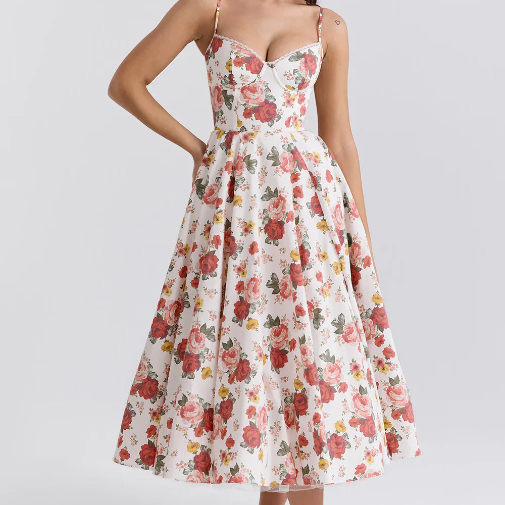 Feminines Blumen Midikleid mit Korsett Oberteil