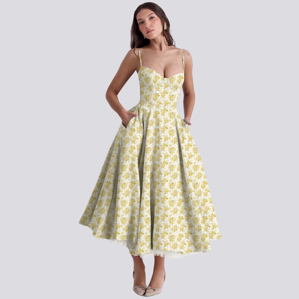 Feminines Blumen Midikleid mit Korsett Oberteil