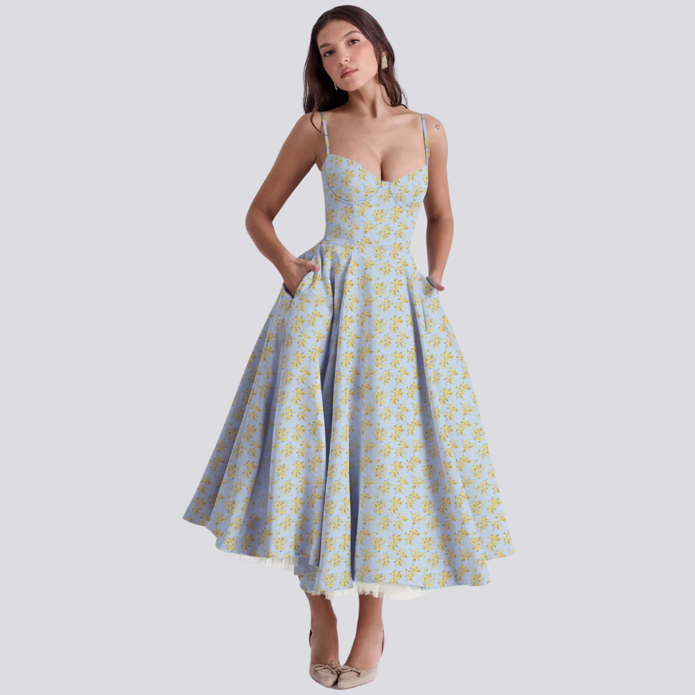Feminines Blumen Midikleid mit Korsett Oberteil
