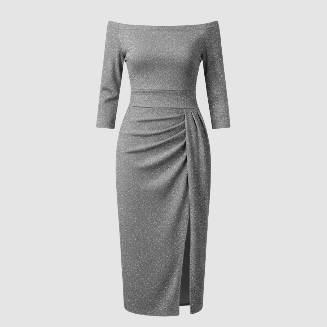 Elegantes Hochzeitsgast Kleid Off Shoulder Lang Satin | Shop Nory