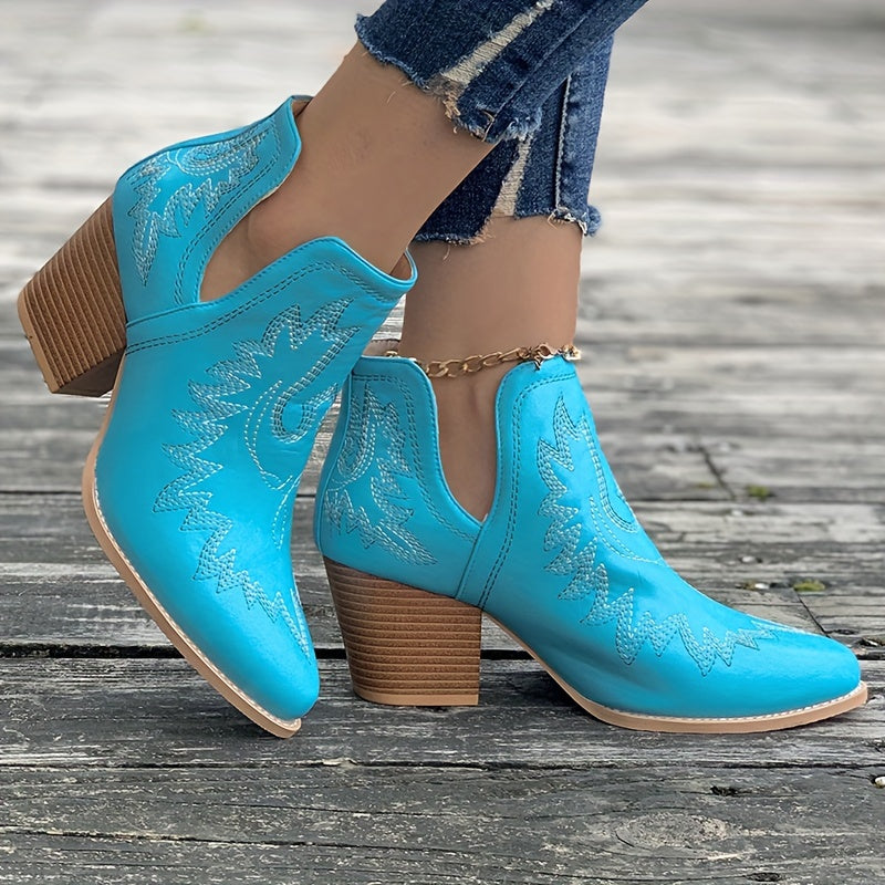 Damen Westernstiefel mit Blockabsatz und Retro-Stickerei